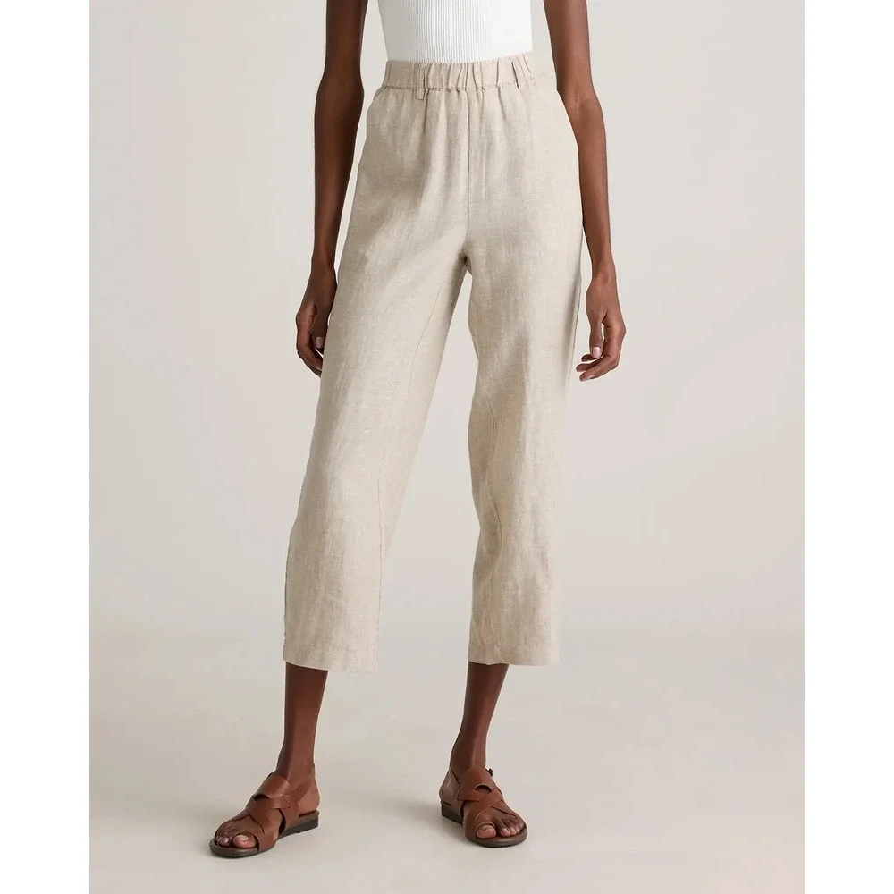 Quince 100% European Linen Pants Flax Elastic Waist Tapered Cropped - Small